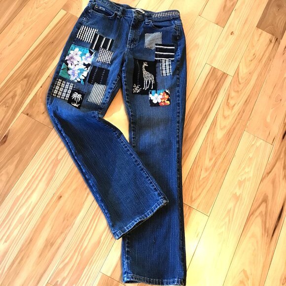 Boho Hippie Patch Jeans, Size 8 Long: Upcycled, Tropical Patchwork, Giraffes - Picture 11 of 16